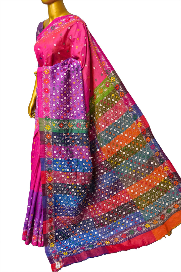 Magenta and Multiple Shades Bishnupur Katan Silk with Hand Kantha Stitch and Mirror Work