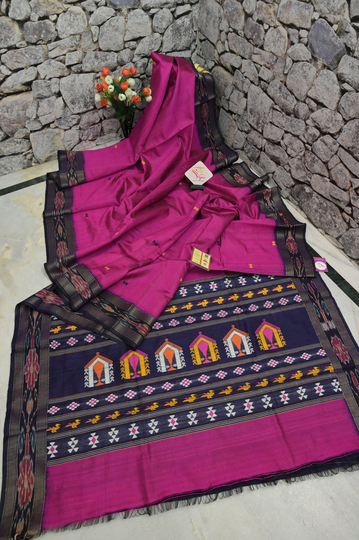 Magenta and Navy Blue Color Raw Silk Saree with Sambalpuri Border and Dolabedi Pallu