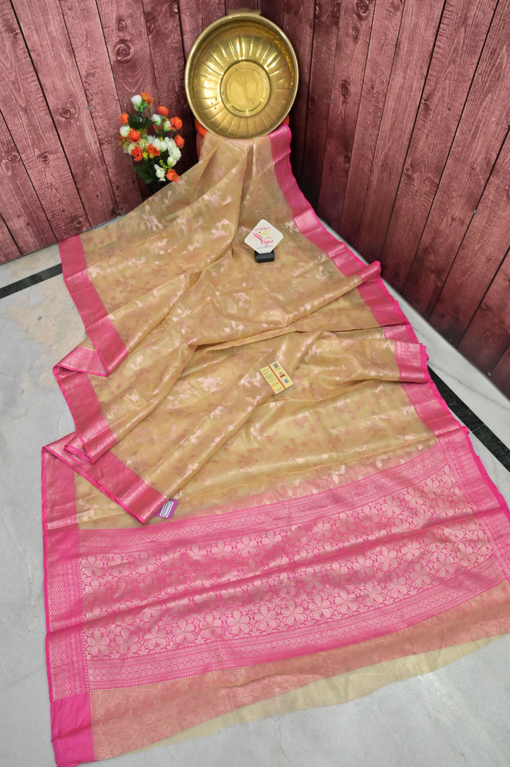 Magenta and Offwhite Color Tissue Kota Banarasi Saree with Jaal and Meenakari Work