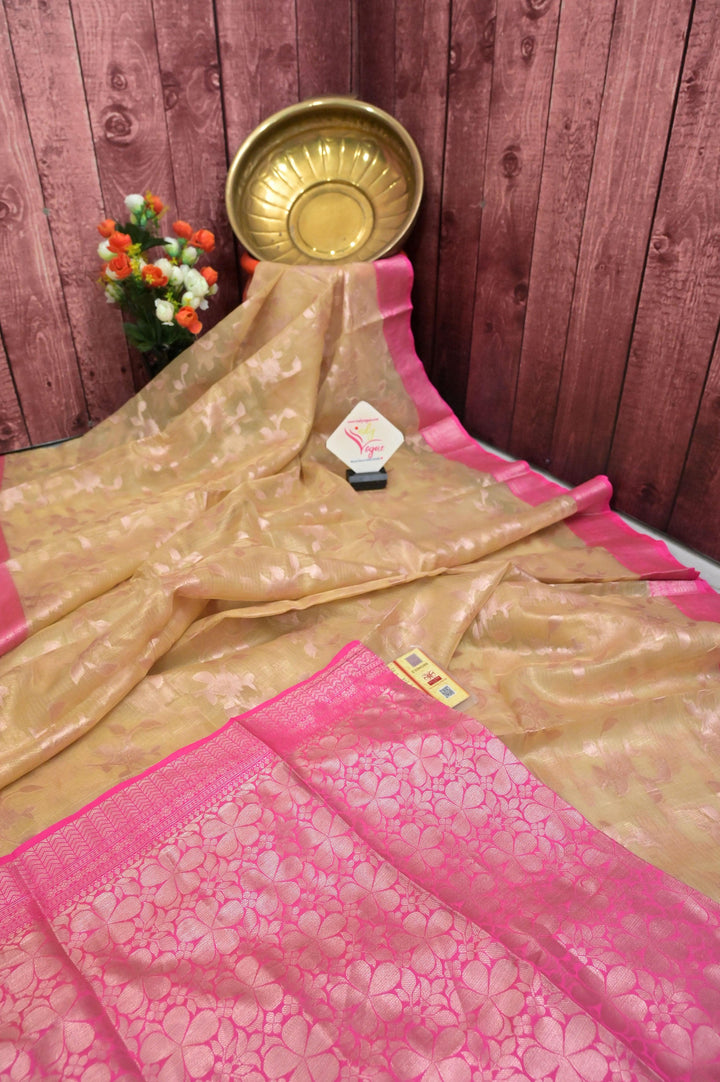 Magenta and Offwhite Color Tissue Kota Banarasi Saree with Jaal and Meenakari Work