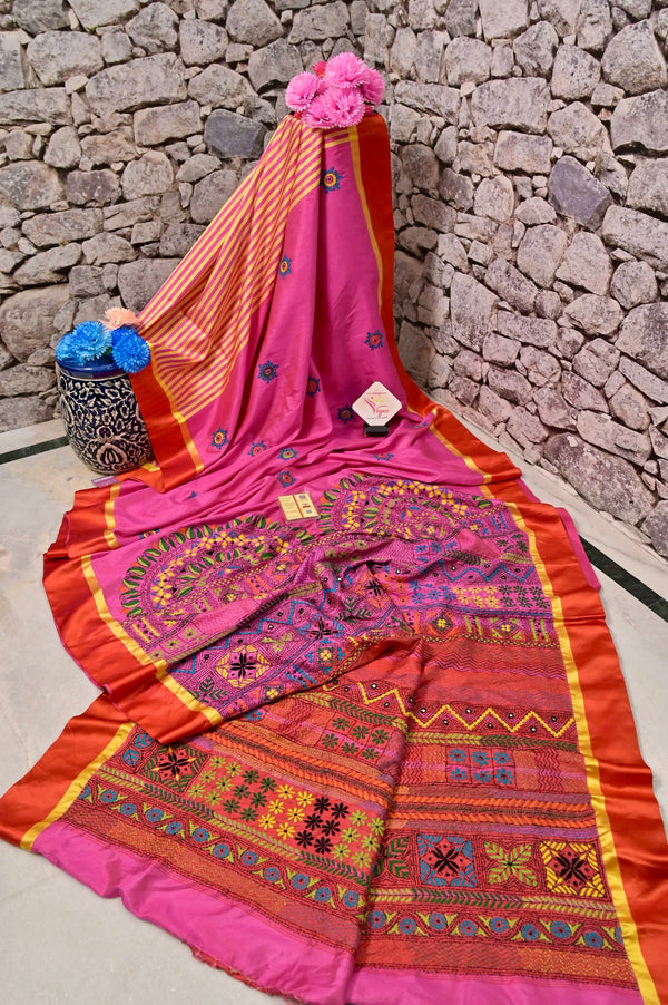 Magenta and Orange Color Pure Garad Silk Saree with Hand Lambani Work