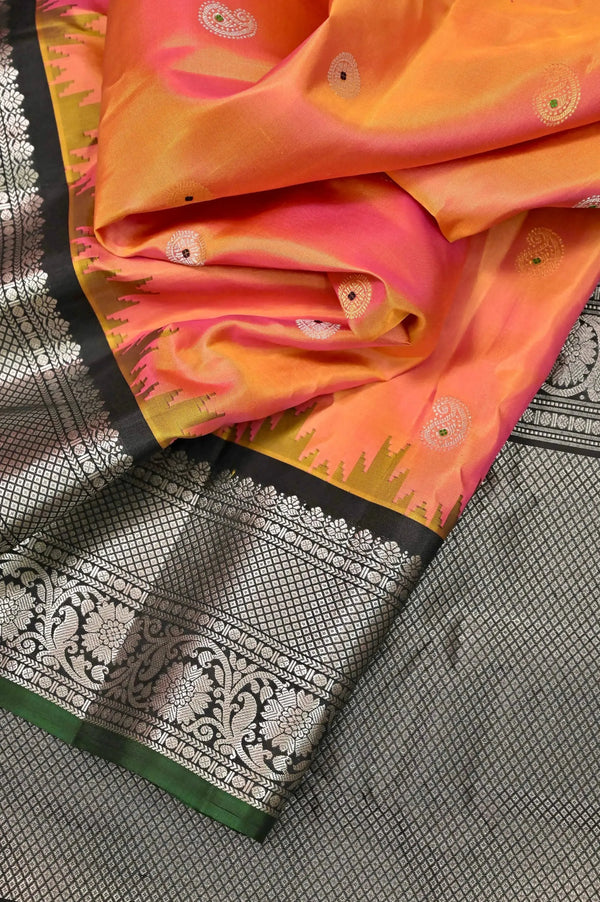 Magenta and Peach Dual Tone Color Pure Gadwal Silk Saree with Allover Golden and Silver Meenakari Buti and Silver Zari Work