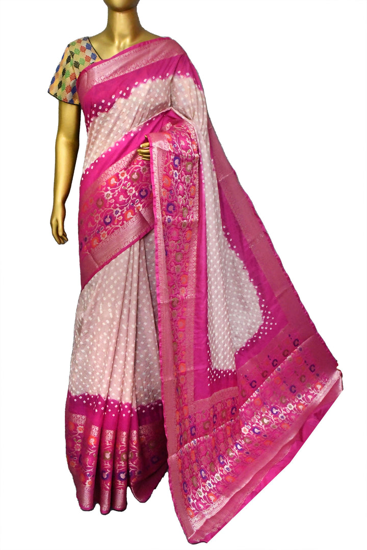 Magenta and Powder Pink Color Dupion Silk Saree with Paithani Design & Hand Bandhani Work