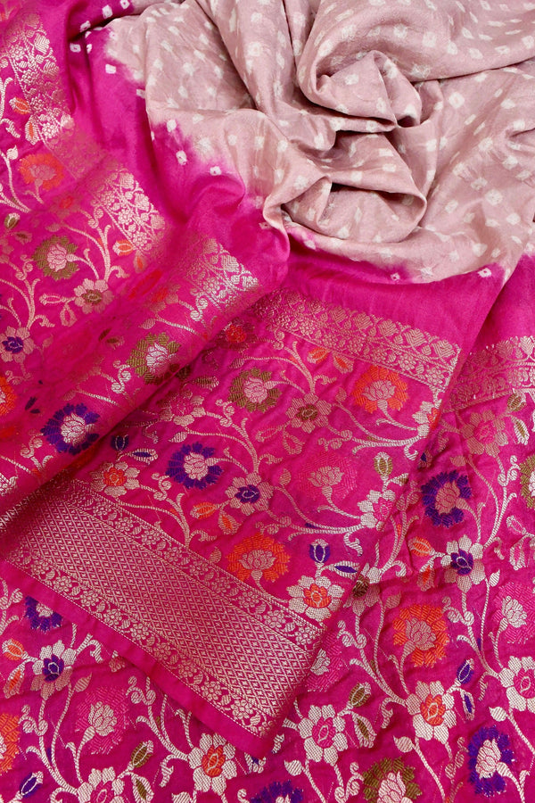 Magenta and Powder Pink Color Dupion Silk Saree with Paithani Design & Hand Bandhani Work