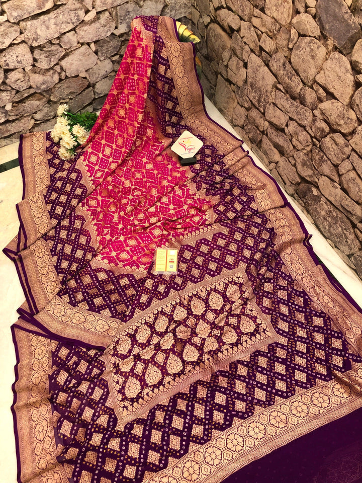 Magenta and Purple Color Georgette Banarasi with Hand Bandhani Work
