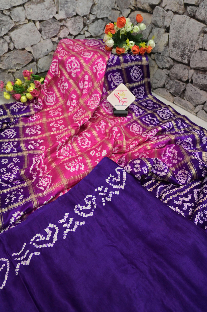 Magenta and Purple Color Pure Ghazi Silk Gharchola Saree with Hand Bhandhani and Zari Checks