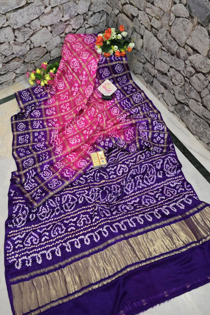 Magenta and Purple Color Pure Ghazi Silk Gharchola Saree with Hand Bhandhani and Zari Checks