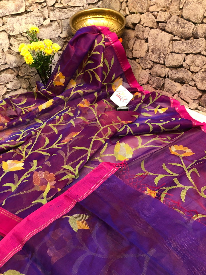 Magenta and Purple Color Pure Muslin Saree with Allover Jamdani Weaving