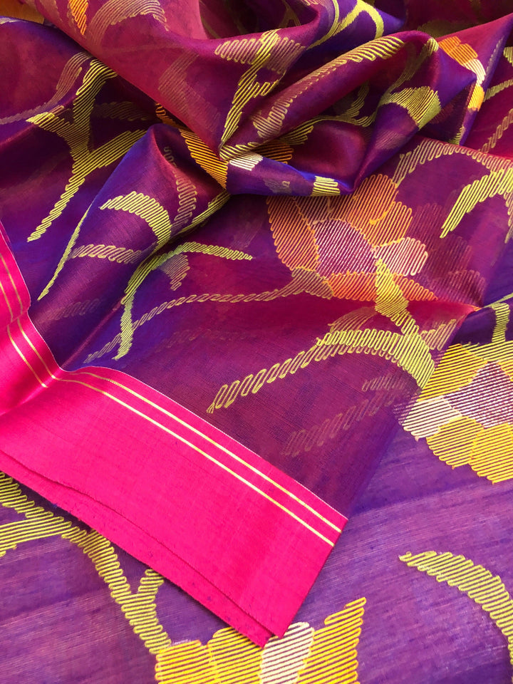 Magenta and Purple Color Pure Muslin Saree with Allover Jamdani Weaving