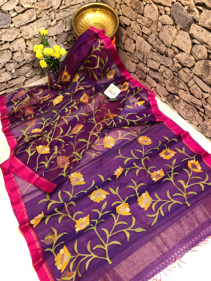 Magenta and Purple Color Pure Muslin Saree with Allover Jamdani Weaving