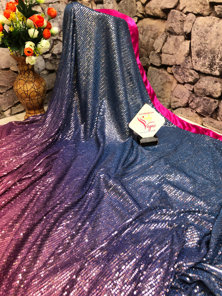 Magenta and Space Blue Color Designer Net Saree with Sequin Work