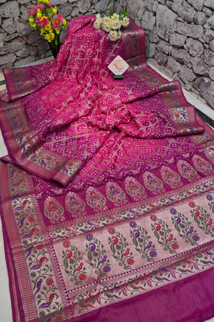 Magenta Color Dupion Banarasi Saree with Hand Bandhani and Paithani Design