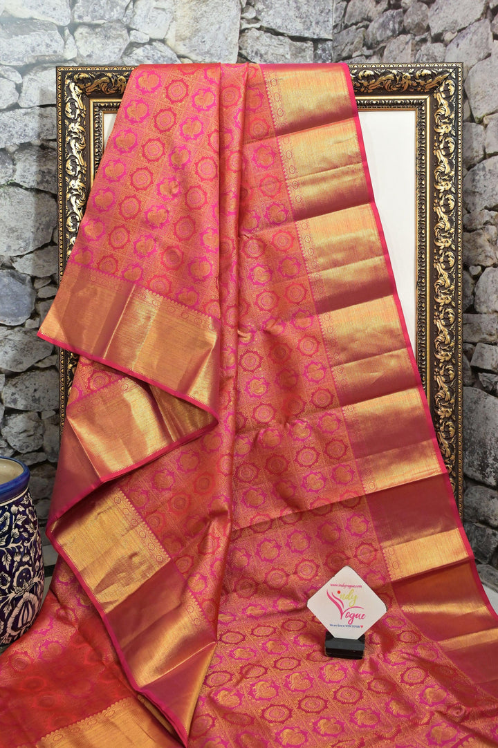 Magenta Color Pure Kanjeevaram Silk Saree with Pure Gold Zari with Self-Weaving
