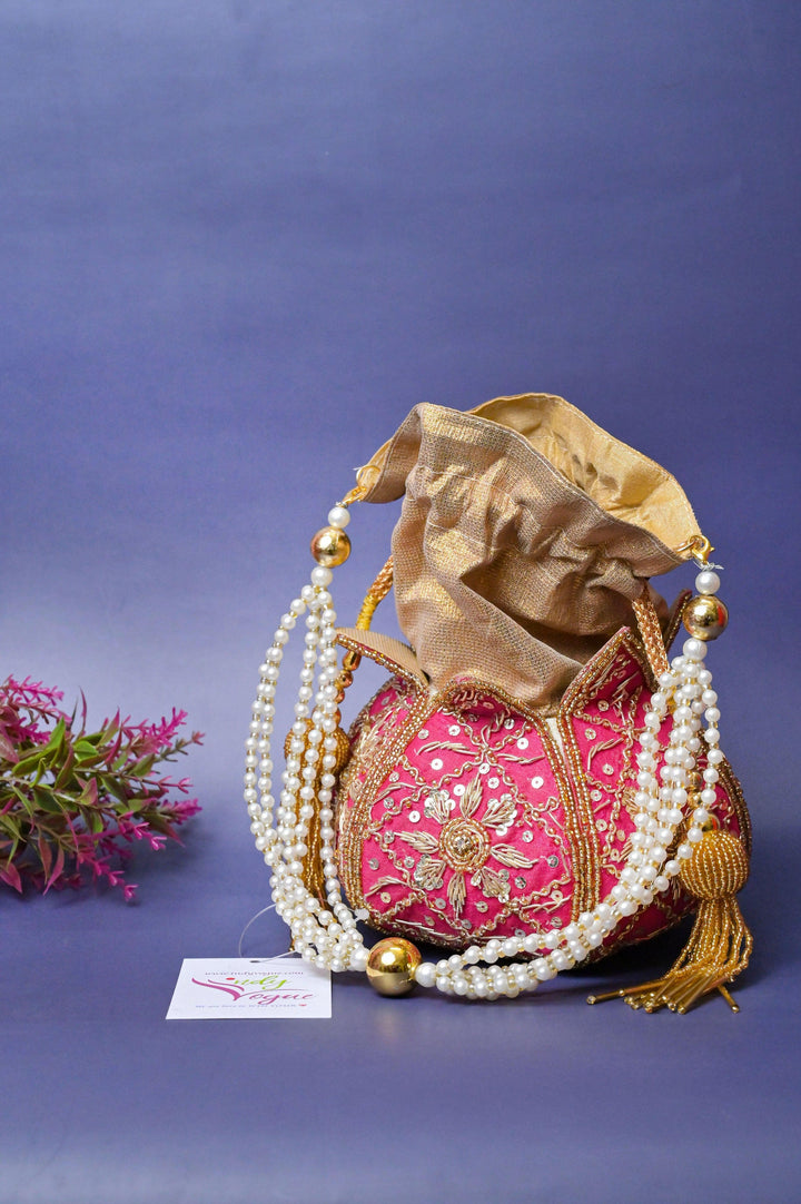 Magenta Pink Color Designer Potli Bag with Zardozi Embroidery and Pearl Handle
