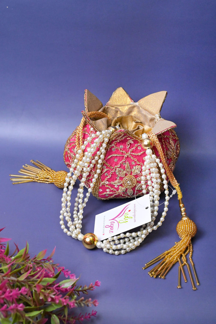 Magenta Pink Color Designer Potli Bag with Zardozi Embroidery and Pearl Handle
