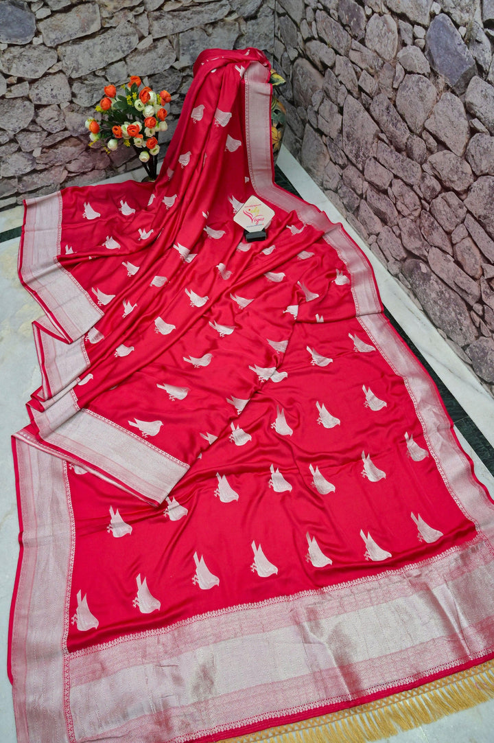 Magenta Red Color Satin Banarasi with Silver Zari Bird Motif Work