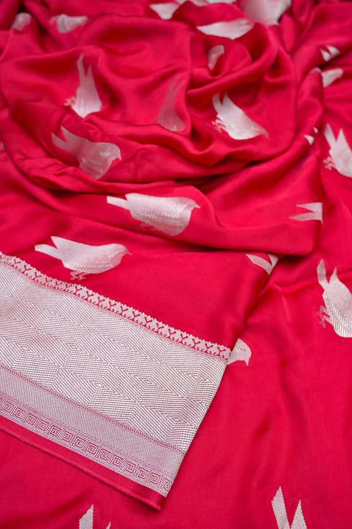 Magenta Red Color Satin Banarasi with Silver Zari Bird Motif Work