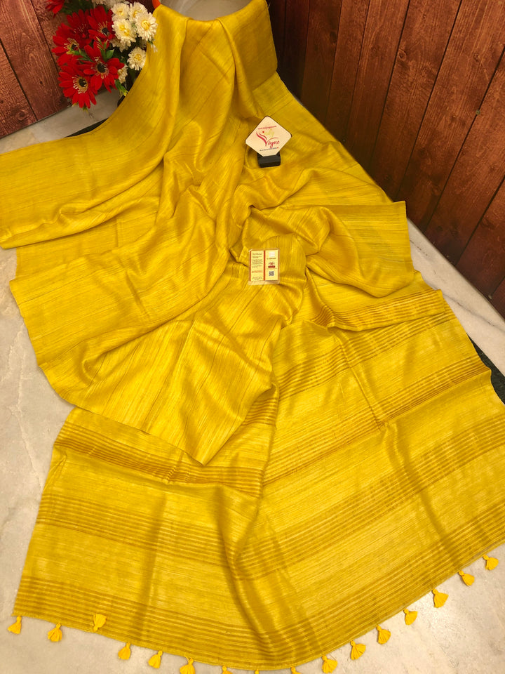 Maize Yellow Color Matka Silk Saree with Zari Stripes Work