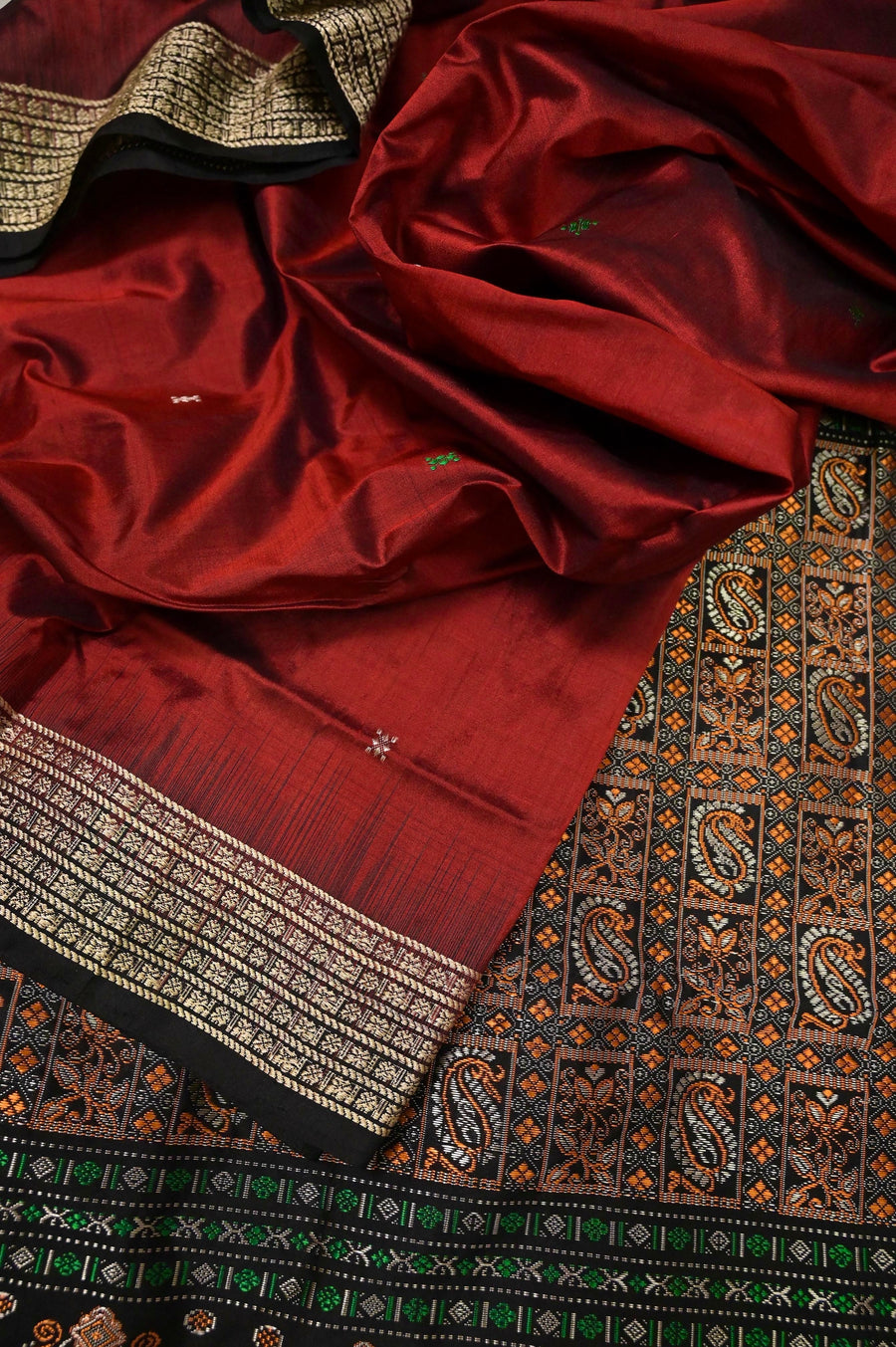 Maroon and Black Color Pure Bomkai Silk Saree with Allover Resham Buti Work