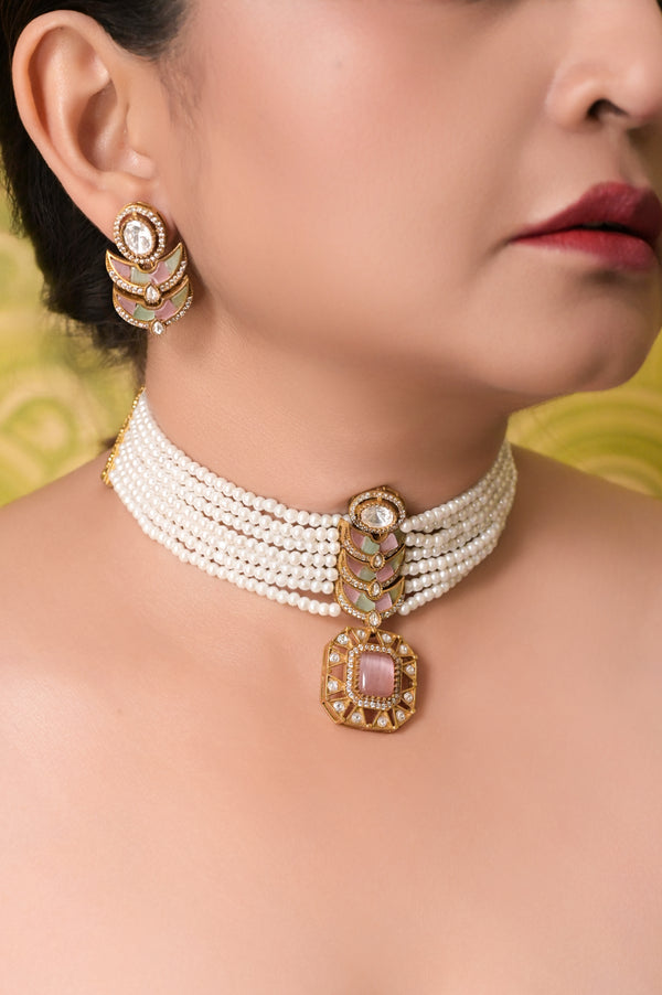 Maroon and Green Monalisa Stone and AD Stonework Pendant with Pearl String Choker Necklace Set