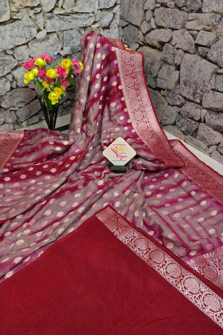 Maroon and Grey Color Georgette Saree with Shibori Dye Work and Golden Butta