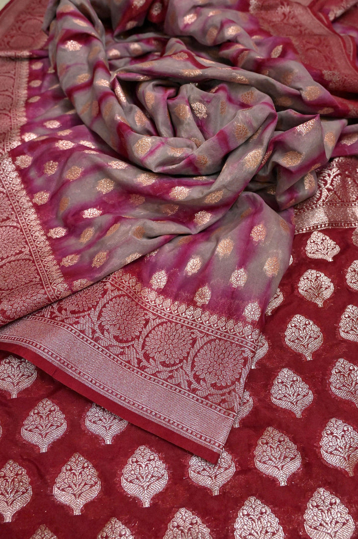 Maroon and Grey Color Georgette Saree with Shibori Dye Work and Golden Butta