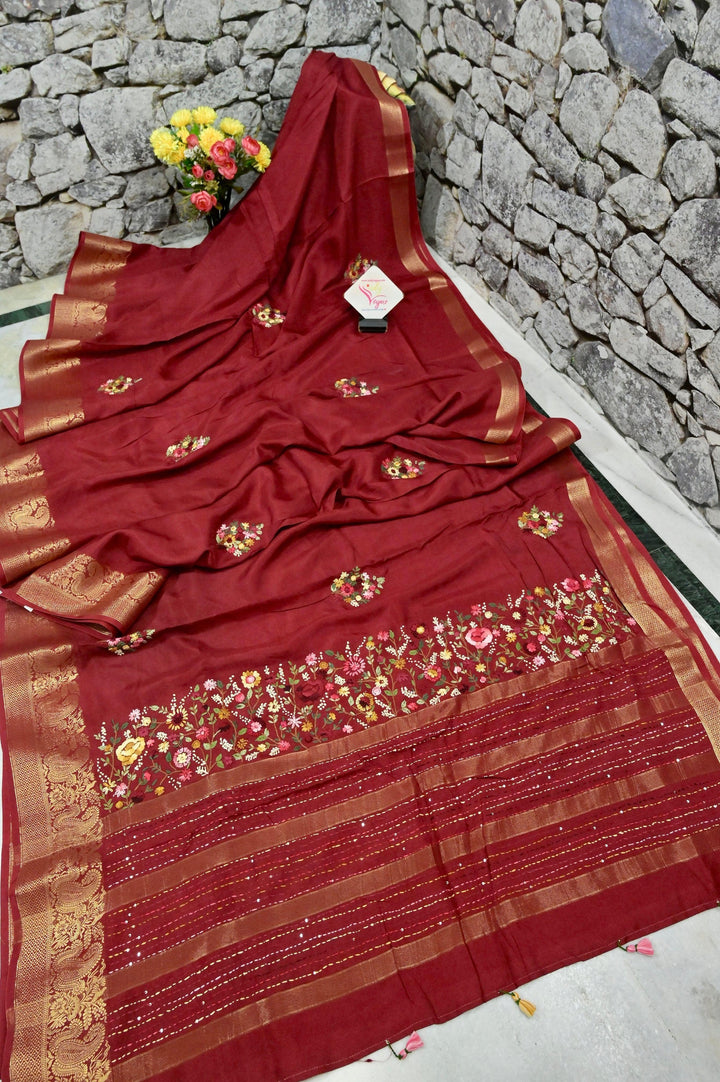 Maroon Color Chinon Silk Banarasi with Hand Parsi & Bullion Embroidery with Zari Border