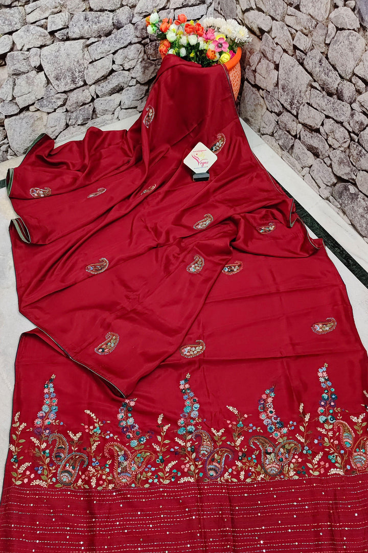 Maroon Color Chinon Silk with Hand Parsi & Bullion Embroidery
