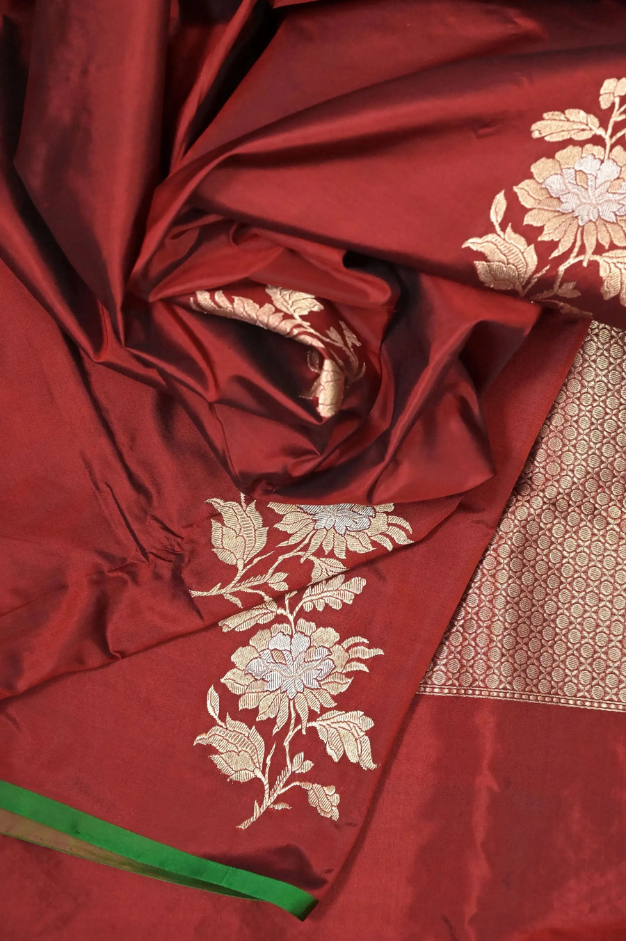 Maroon Color Pure Borderless Katan Banarasi Saree with Allover Golden and Silver Butta Work