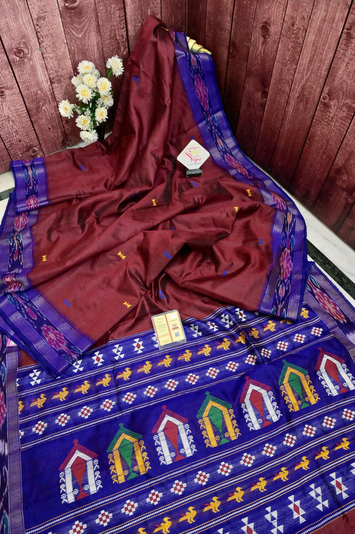 Maroon Color Pure Raw Silk Saree with Dolabedi Pallu and Sambalpuri Border