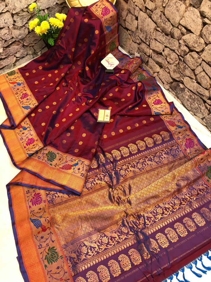Maroon with Bluish Tint Pure Gadwal Silk with Paithani Style Border