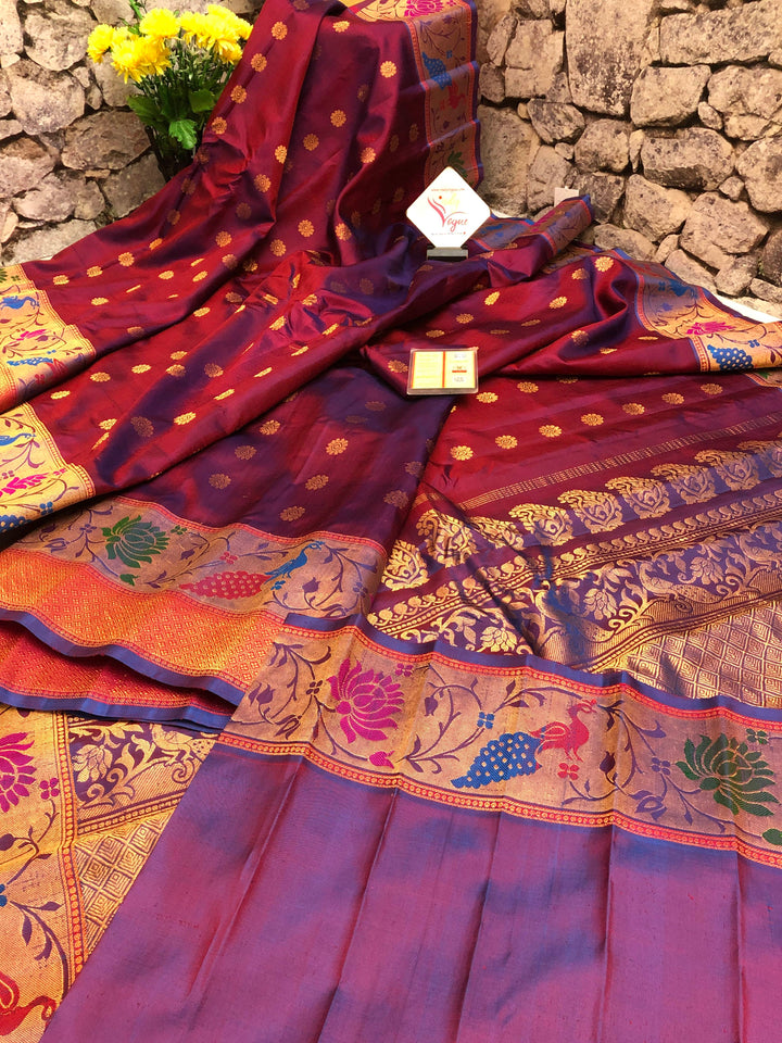 Maroon with Bluish Tint Pure Gadwal Silk with Paithani Style Border