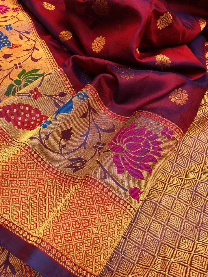 Maroon with Bluish Tint Pure Gadwal Silk with Paithani Style Border