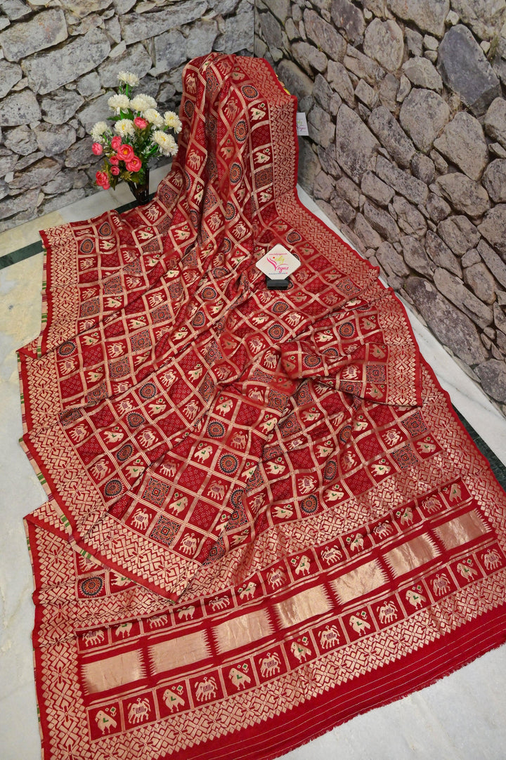 Maroonish Red Color Modal Silk Gharchola with Ajrakh Print