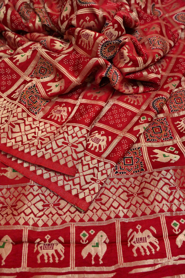 Maroonish Red Color Modal Silk Gharchola with Ajrakh Print