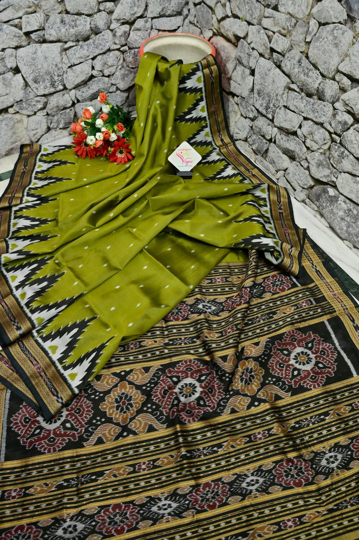 Mehendi Green Color Sambalpuri Silk Saree with Temple Border and Buti Work