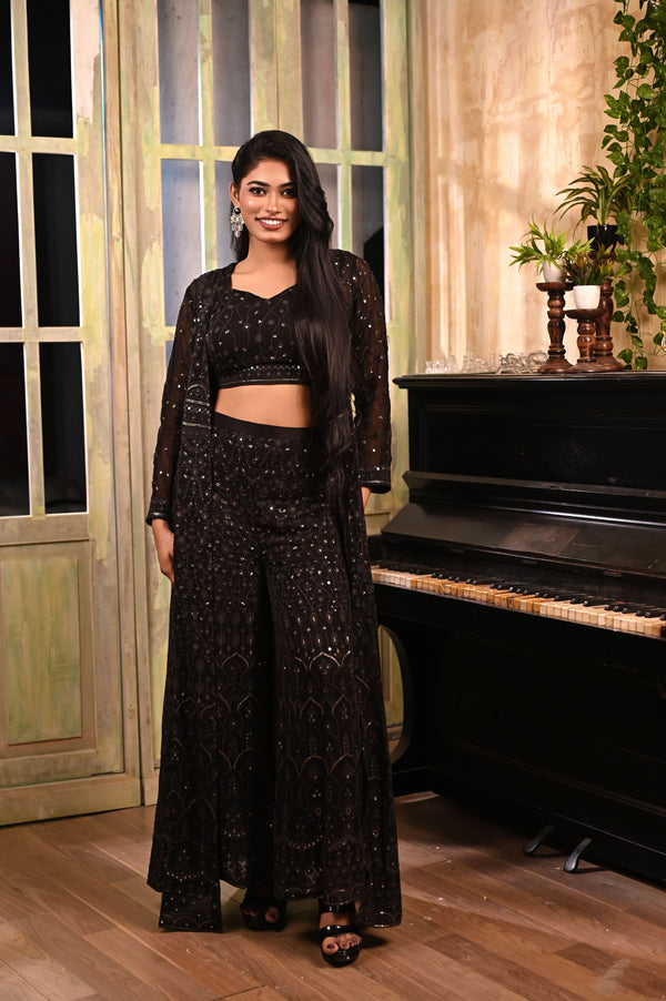 Midnight Black Color Designer Georgette Chikankari Co-Ord Set with Long Cape Jacket