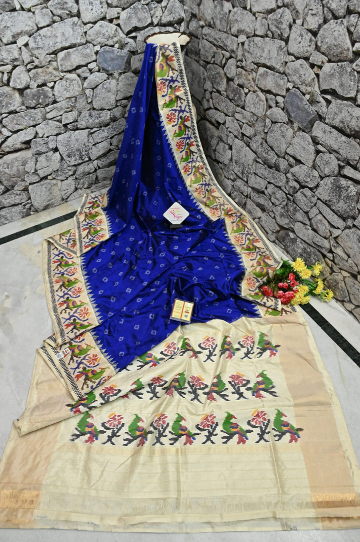 Midnight Blue and and Offwhite Color Pure Ikat Patola Silk Saree with Ikat Border and Pallu