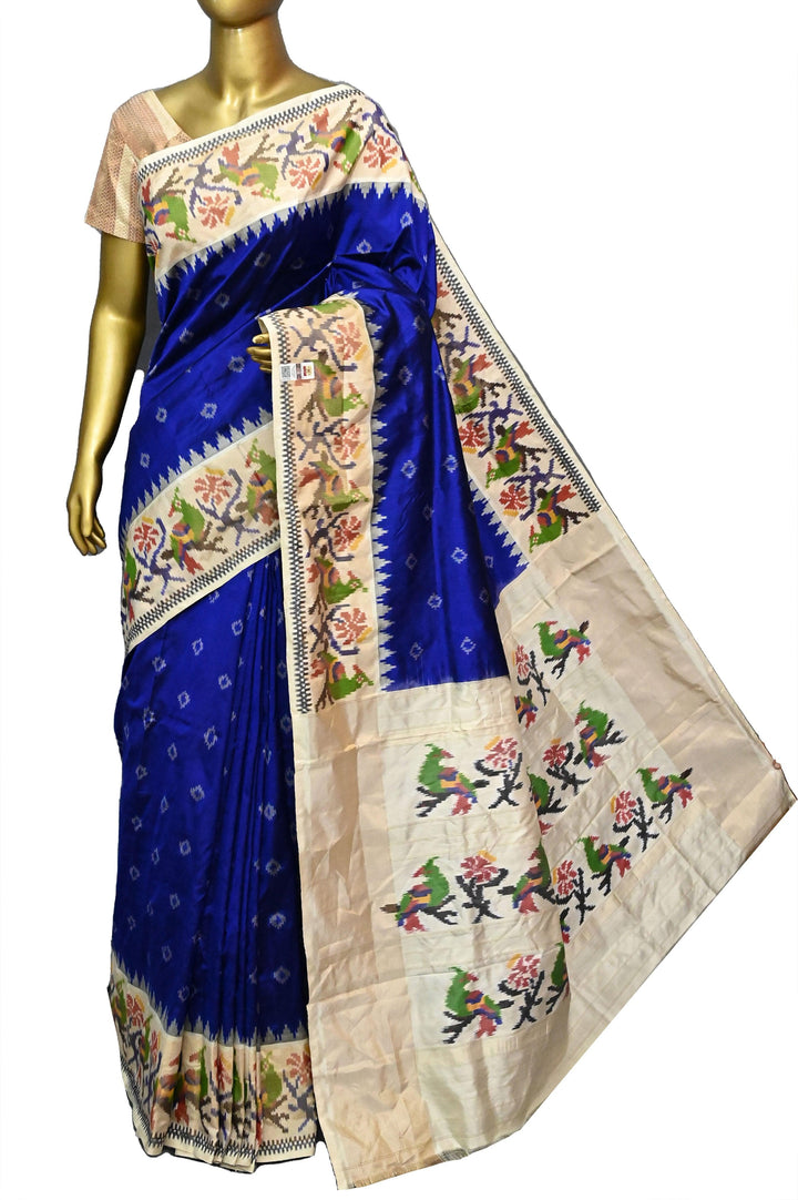 Midnight Blue and and Offwhite Color Pure Ikat Patola Silk Saree with Ikat Border and Pallu