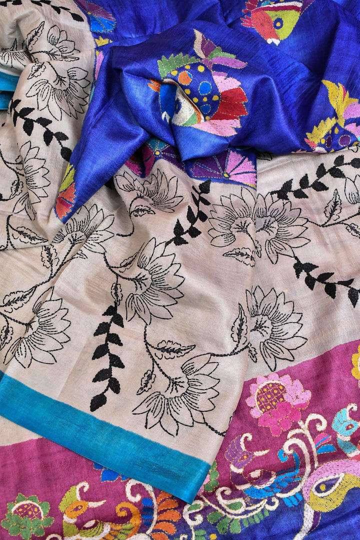 Midnight Blue and Multicolor Tussar Silk Saree with Kantha Embroidery Work