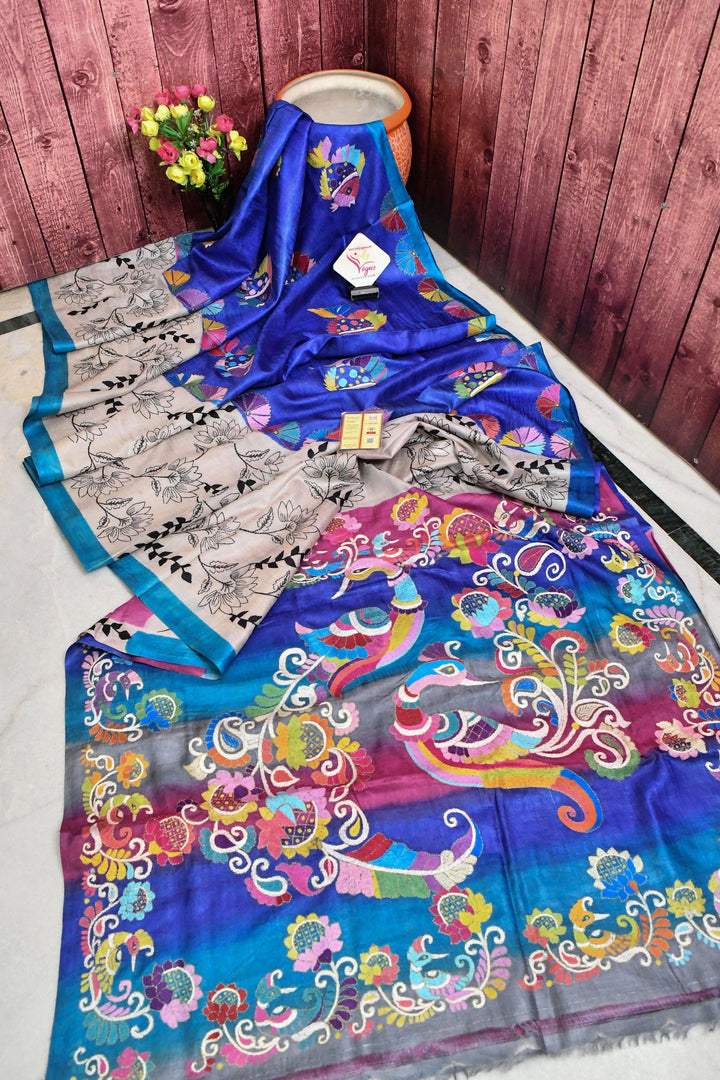 Midnight Blue and Multicolor Tussar Silk Saree with Kantha Embroidery Work