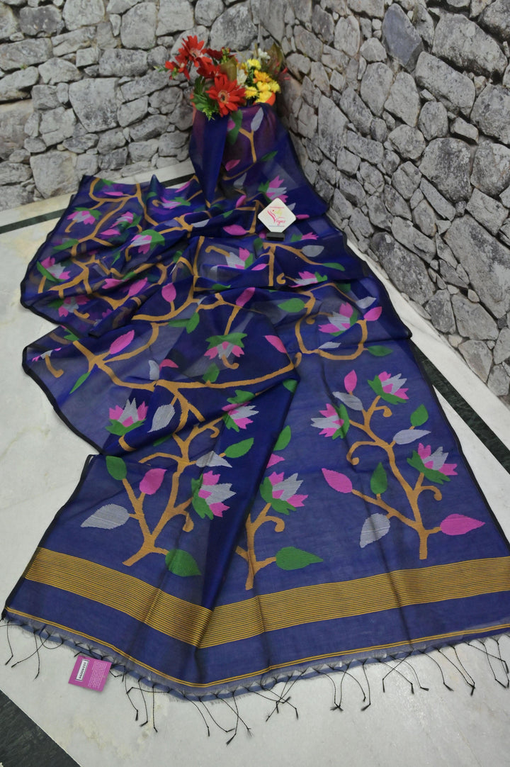 Midnight Blue Color Muslin Jamdani Saree with Allover Jamdani Weaving