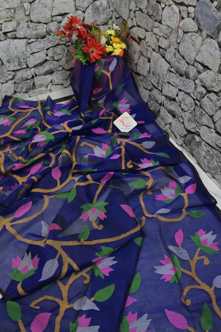 Midnight Blue Color Muslin Jamdani Saree with Allover Jamdani Weaving