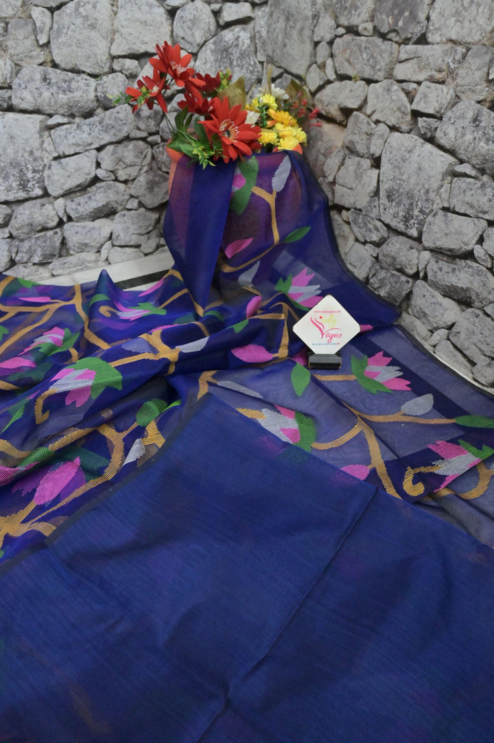 Midnight Blue Color Muslin Jamdani Saree with Allover Jamdani Weaving
