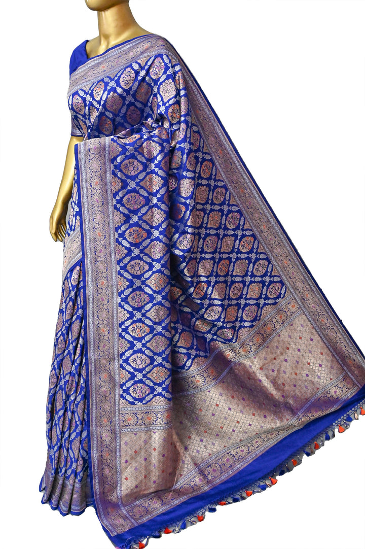 Midnight Blue Color Pure Katan Banarasi with Allover Jaal Silver and Golden Zari Weave and Meenakari Work