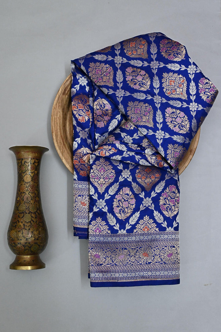 Midnight Blue Color Pure Katan Banarasi with Allover Jaal Silver and Golden Zari Weave and Meenakari Work