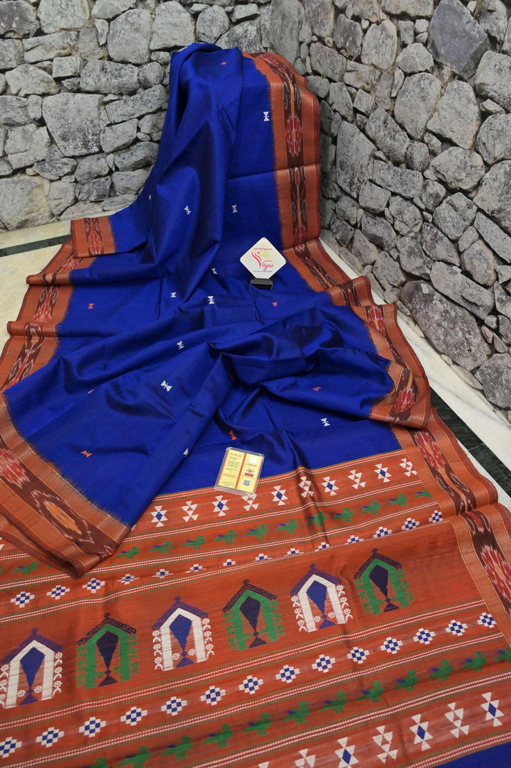 Midnight Blue Color Raw Silk Saree with Sambalpuri Border and Dolabedi Pallu