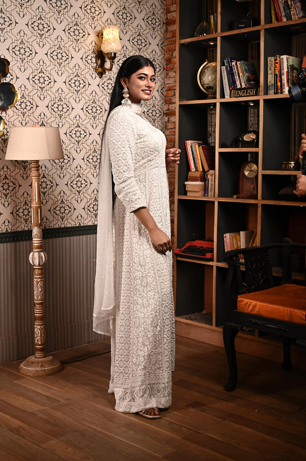 Milk White Color Georgette Chikankari Embroidered Front-Slit Fusion Suit Set