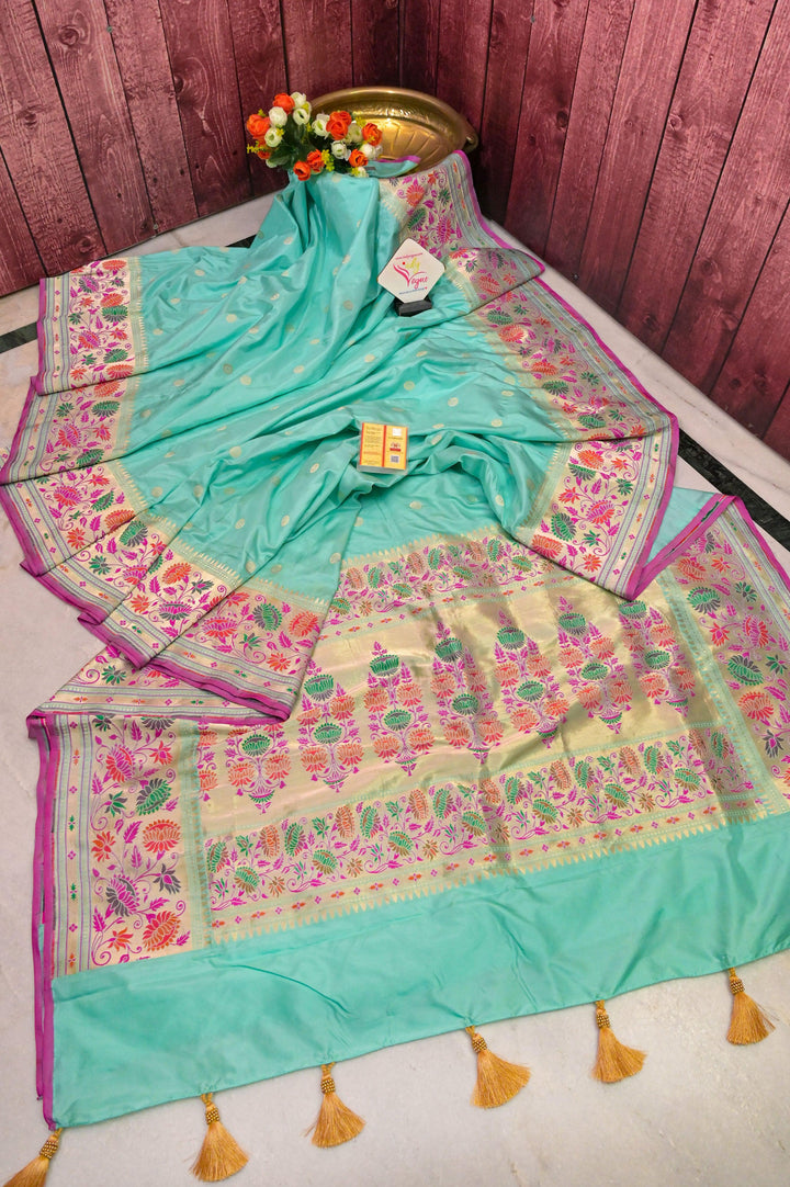Mint Green Color Pure Katan Banarasi Saree with Meenakari & Paithani Design Border