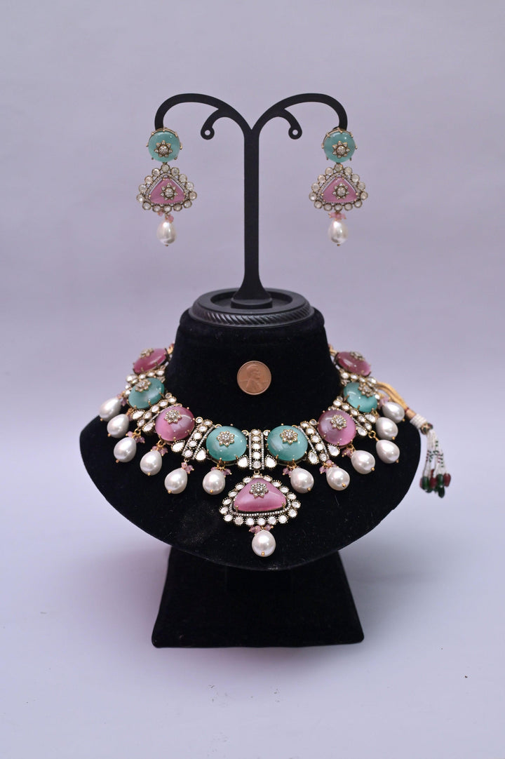 Monalisa Stone Collar Necklace Set with AD Stone and Pearl
